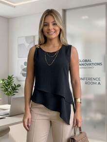 Women's Asymmetrical Blouse In Duna Fabric With Gold Buckle Detail And Side Slit - 黑色 - 查看 1