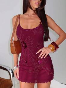 Women Slip Dress, Spaghetti Straps Backless Sequins Flower/Butterfly Slim Fit Summer Mini Dress for Club Party - Rojo violeta - Ver 5