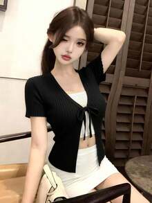 Áo khoác cardigan dệt kim cổ chữ V thắt nơ mới, thiết kế độc đáo, dáng ôm, tay ngắn, thích hợp cho mùa xuân/hè. - màu đen - Xem 7