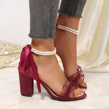 Burgunderrote Perlen-Schleife Chunky High Heel Sandalen - Bordeaux - Übersicht 6