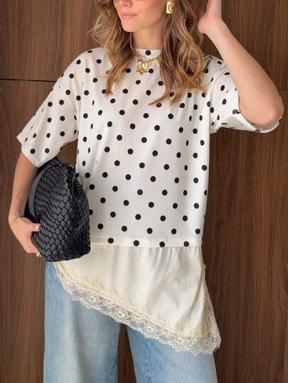 New Arrival Fashionable Elegant Polka Dot Lace Patchwork Round Neck Short Sleeve Top Summer Vacation