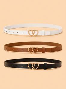 Teenager New 3-Piece Set Double Heart Buckle Belt, Premium PU Waist Belt For Jeans And Dresses - Multicolor - View 10