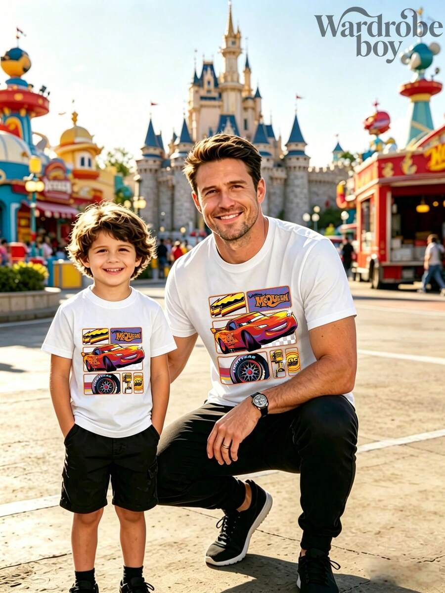 1PC Disney-Licensed Cartoon Short-Sleeve T-Shirt, Featuring A Cartoon Lightning McQueen Pattern For Family And Parent-Child Printing, Perfect For Family Trips And Vacations. This Is A New Short-Sleeve T-Shirt For 2026, An Ideal Choice For Father's Day, Suitable For Both Men And Women. Made Of High-Quality Pure Cotton, Comfortable And Breathable. Exquisitely Designed, It Is The First Choice For A Gift. - 孩子 - 查看 1