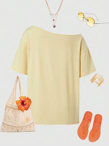 女款復古 Spritz Italia 圖案針織圓領短袖落肩 T-shirt 上衣，春季街頭風夏季款 - 淡黃色 - 查看 9
