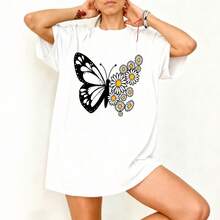 Camiseta Oversize Blanca Mariposa con Flores de Manzanilla para Verano - Blanco - Ver 3
