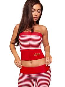 Slim Fit, Sexy Stretch Striped Design, Printed Bandeau Vest, Top, Trouser Set, Two-Piece Set - Đỏ - Xem 1