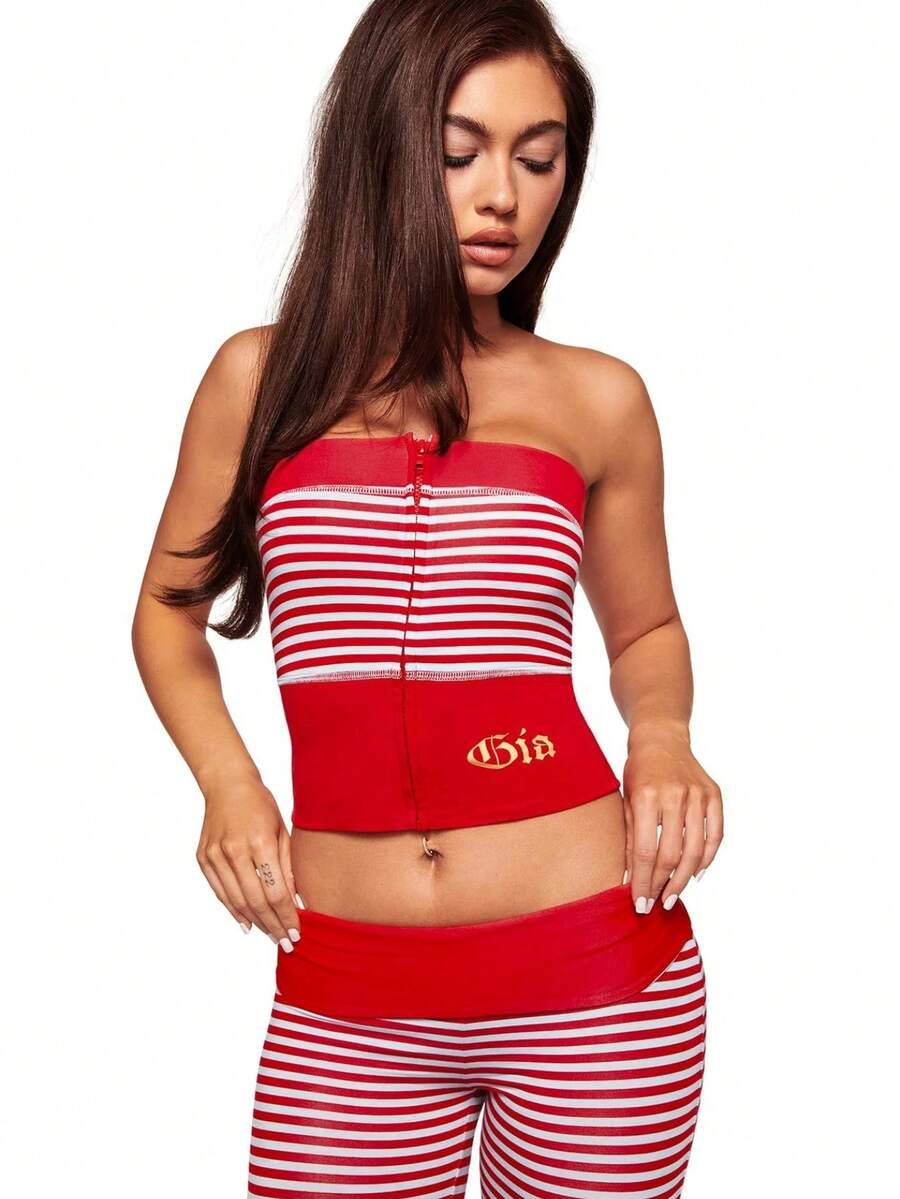 Slim Fit, Sexy Stretch Striped Design, Printed Bandeau Vest, Top, Trouser Set, Two-Piece Set - Đỏ - Xem 1