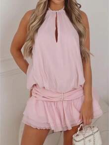 Summer Halter Dress For Women Sleeveless Ruffle Open Back Tiered Layered Chiffon Pleated A Line Swing Mini Dress - Baby Pink - View 1