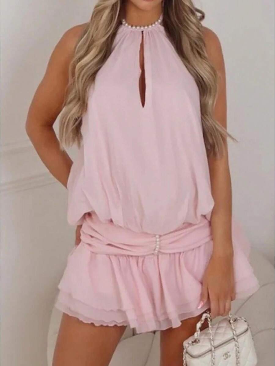 Summer Halter Dress For Women Sleeveless Ruffle Open Back Tiered Layered Chiffon Pleated A Line Swing Mini Dress - Baby Pink - View 1