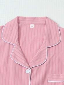 2pcs Comfortable Striped Print Short Sleeve Polo Collar Top And Bow Shorts Pajama Set For Women, Spring/Summer - Pink - View 3