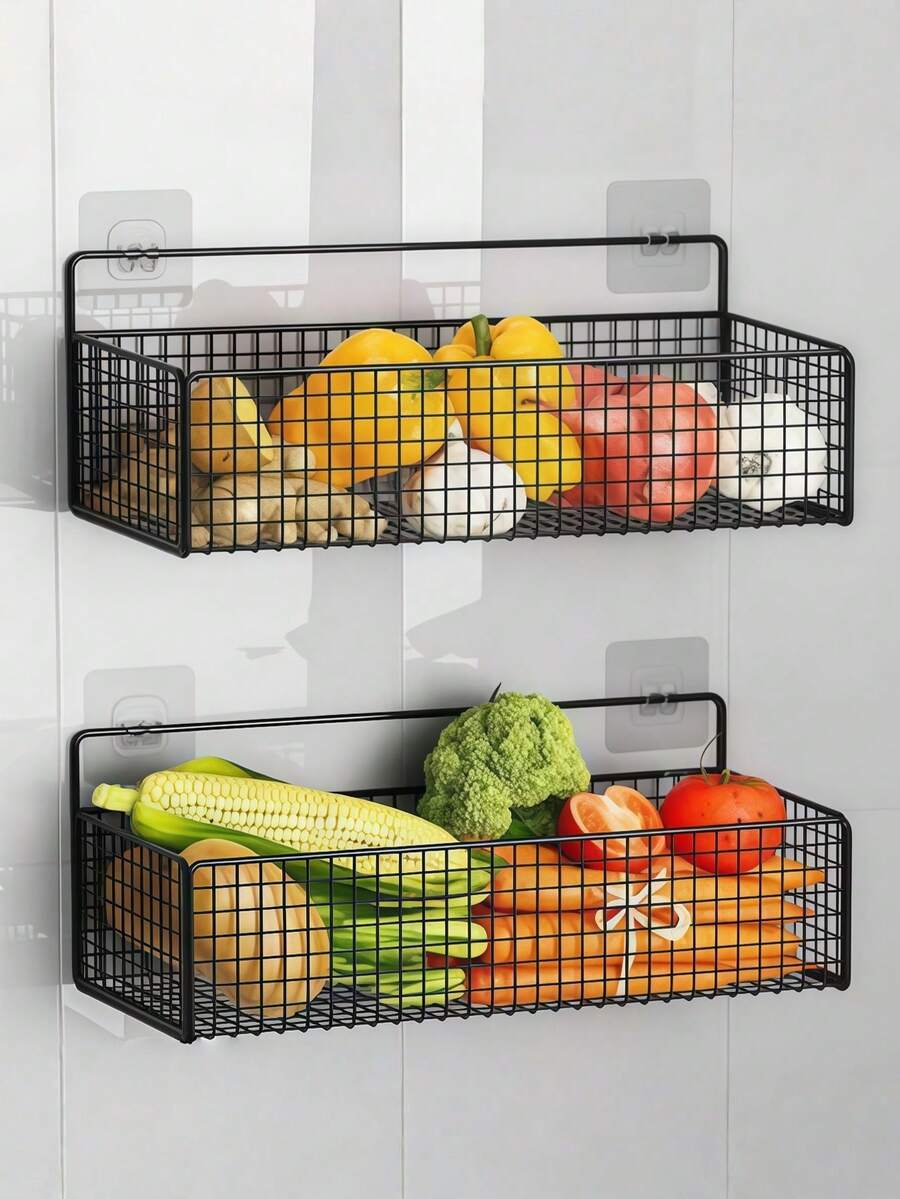 Wall-Mounted Multi-Function Kitchen Storage Rack, Comes With 2 Damage-Free Adhesive Bases, Durable Metal Vegetable/Garlic/Onion Storage Baskets, Ideal For Small Space Storage