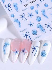 SWEET TREND 3D 藍色海洋動物美甲貼紙 2片裝 可愛水母 貝殼 海星 蝴蝶結 蜜蜂 鳥 扶桑花葉片 春夏動物植物設計 DIY Y2K 自黏式凝膠指甲貼花美甲裝飾 - 彩色 - 查看 11