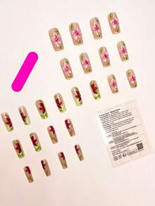 24pcs/Set Elegant 3D Floral & Vine Design Long Square Press-On Nails, Unique Chic Nail Art Suitable For Girls & Women For Daily, Outdoor, Party Use - Multicolor - View 2