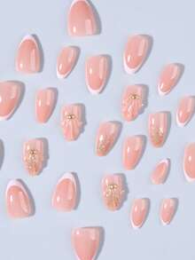 24 piezas de uñas postizas cortas con forma de almendra estilo francés con decoración de perlas en 3D, que incluye 1 esmalte de gel y 1 lima de uñas, adecuado para mujeres y niñas para uso diario y de fiesta - Multicolor - Ver 4