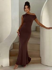 Solid Color Elegant Asymmetric Fitted Formal Dress - Brown - View 1