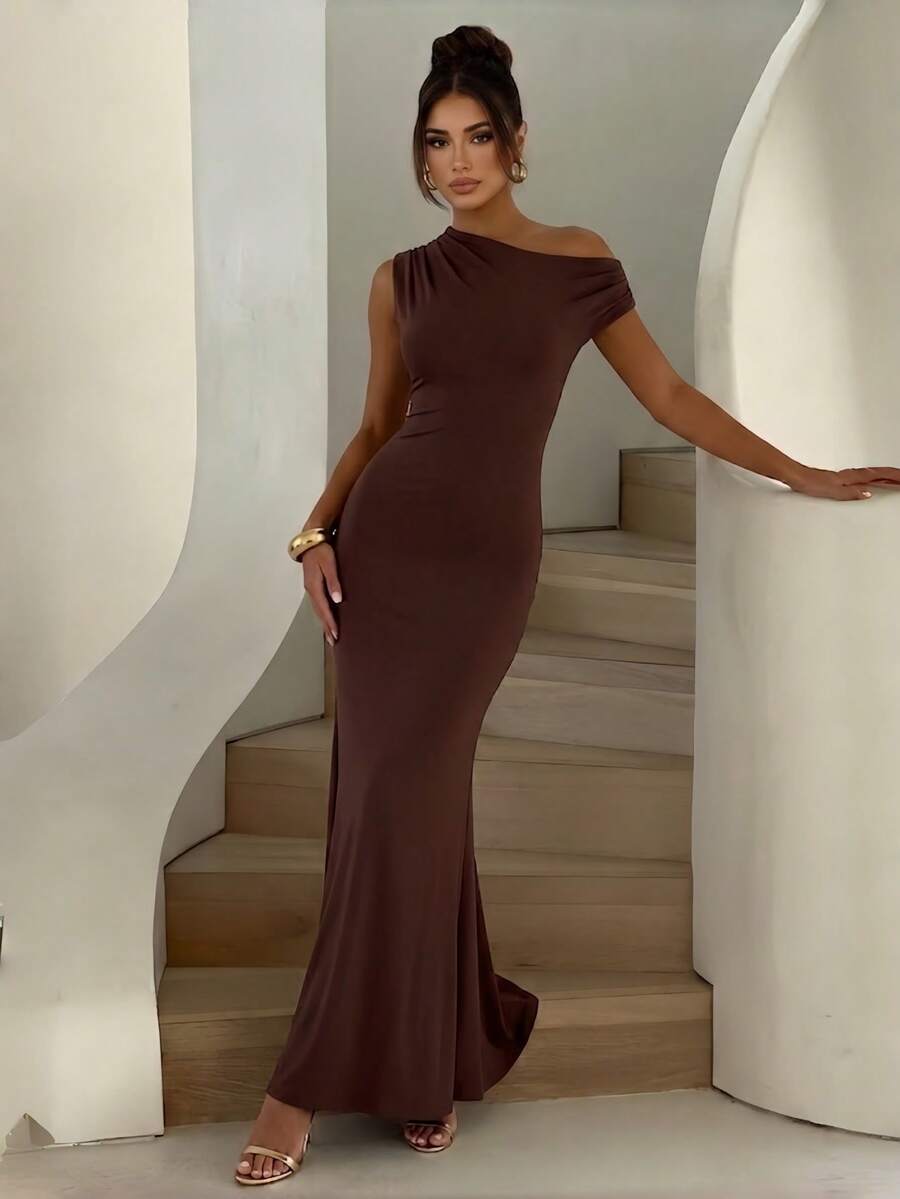 Solid Color Elegant Asymmetric Fitted Formal Dress - Brown - View 1
