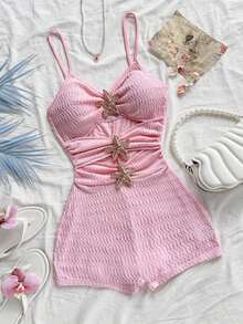 Mono de mujer con decoración de estrella de mar hueca, adecuado para fiesta y uso en casa - Rosa Pálido - Ver 1