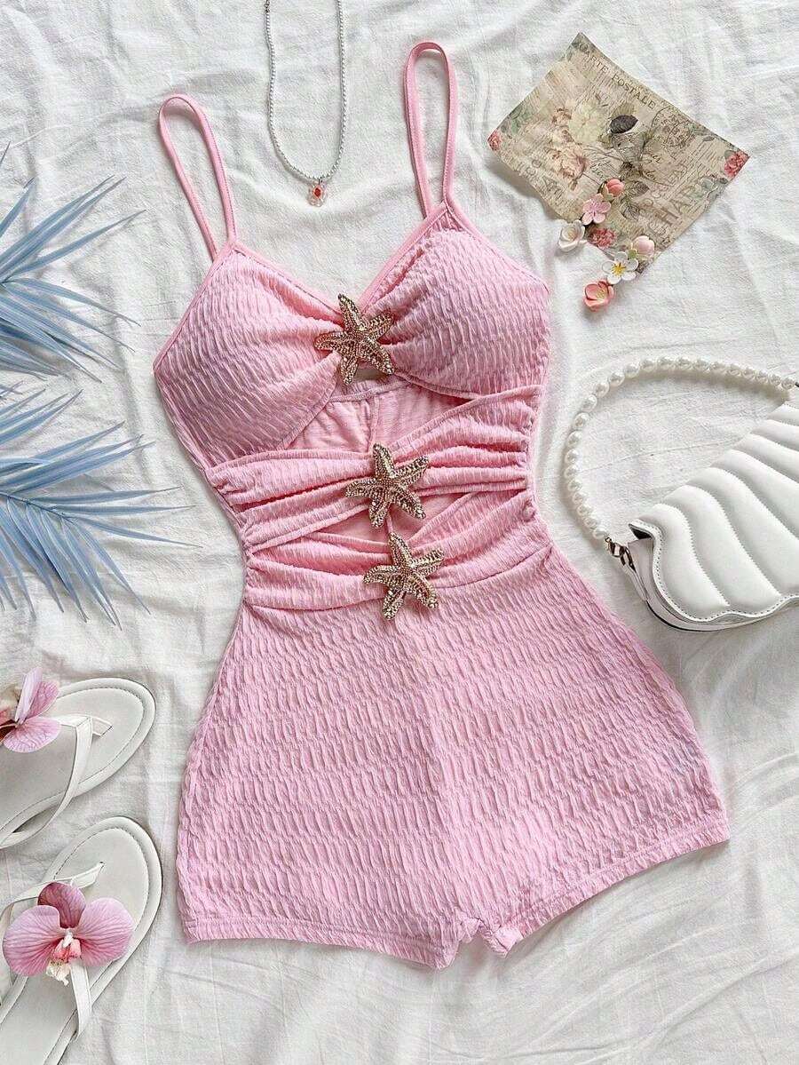 Mono de mujer con decoración de estrella de mar hueca, adecuado para fiesta y uso en casa - Rosa Pálido - Ver 1