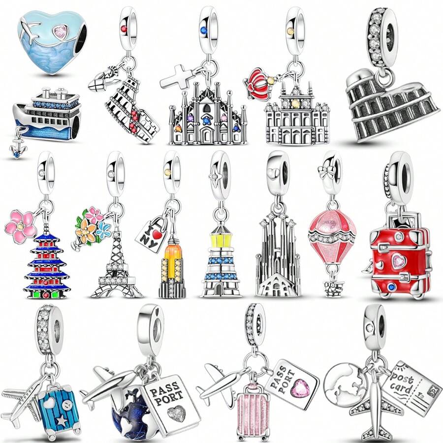 1 Pc Sliver Plated Travel Airplane Ticket Luggage Foreign Architecture Charm Fit Bracelet For Diy Jewelry Making, Ideal Choice For Women Jewelry Gift - Silver - View 1