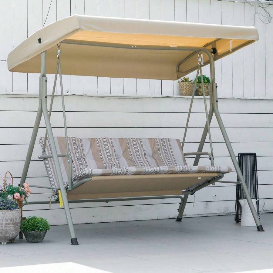 3 Seater Garden Swing Chair, Patio Rocking Bench With Tilting Canopy, Removable Cushion - Brown - View 1
