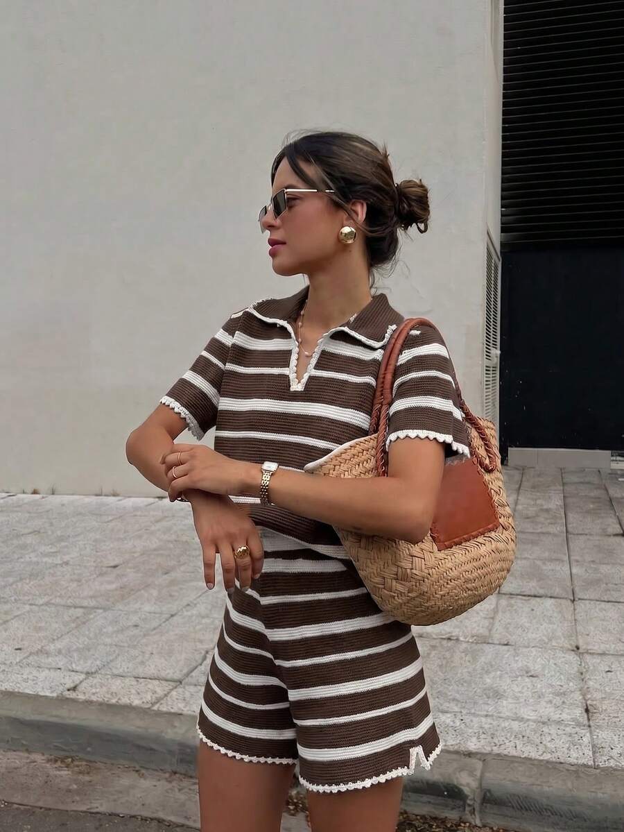 Bộ đồ nữ mùa hè thời trang mới, kẻ sọc, quần short đi biển, phong cách retro gợi cảm, bộ đồ mùa hè, lễ hội, trang phục đi biển cho nữ, áo đi chơi, trang phục nghỉ hè, phong cách Y2K - Màu nâu - Xem 1
