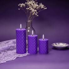 3pcs Set Dreamy Purple Striped LED Electronic Candles, Realistic Flickering Flame Effect, Home Bedroom Living Room Decor, Candlelight Dinner Proposal Party Atmosphere Lighting, Vanity Table Desk Ornament - Purple Spiral - View 4