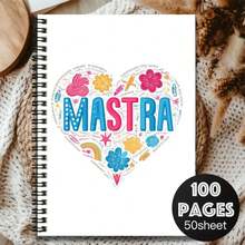1本“MASTRA”主题创意螺旋笔记本，封面采用彩色心形图案，内页饰以可爱花卉、文具元素和多语言文字。100页（50张），适合工作笔记、学习、校园写作，也是毕业、生日的绝佳礼物之选，可用作日记、日程规划本、备忘录。 - R - 查看 1
