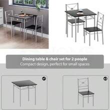 Dining Kitchen Table And Chairs 2 Seater Dining Room Set, 2 Seater Dining Chairs With Elegant Table Compact Wood Steel Frame Dining Kitchen Furniture - Grey - View 9