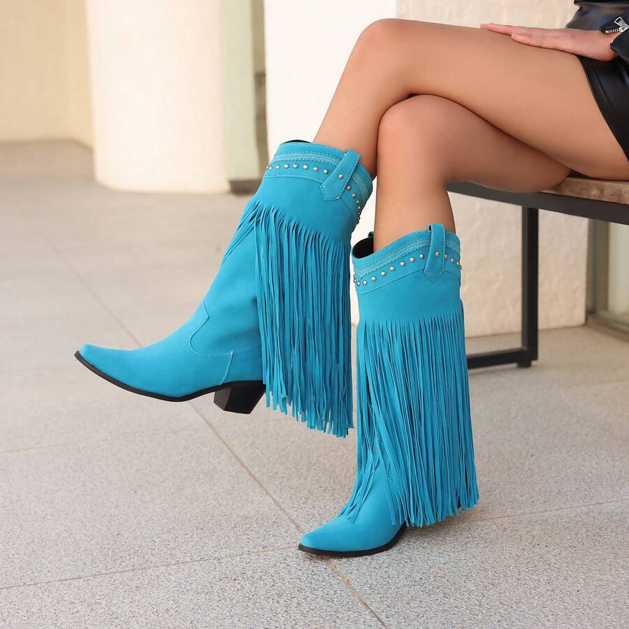 Women's Mid Calf Fringe Boots Western Cowboy Boots Pull On Pointed Toe Chunky Low Heels Cowgirl Tassel Boots For Party Dress Wedding Shoes - Blue - View 1