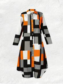 Women's Geometric Print Long Sleeve Single-Breasted Casual Slim Fit Shirt Dress Elegant - Multicolor - View 2