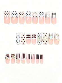 Upgrade Your Look With Y2K Style! Transform Your Nails With 24pcs Medium Square Shape Press-On Fake Gel Nails Fashionable And Cute Style Blue And Yellow Color Blocking Polka Dots French Stripes Luxurious 3D Metallic Rhinestone Heart Shaped Key And Lock Press On Nails - Multicolor - View 2