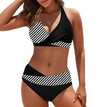 Sexy Bikini For Women, Two-Piece Swimsuit With Striped Color Blocking - Black and White Stripes - View 6