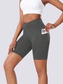 Seitentaschen Einfarbige Kreuz-Taille Damen Sport Shorts, Hohe Taille Lifting Yoga Shorts für Fitness, Pilates, Outdoor Laufen, Radfahren, Lässig Zuhause - Grau - Übersicht 5