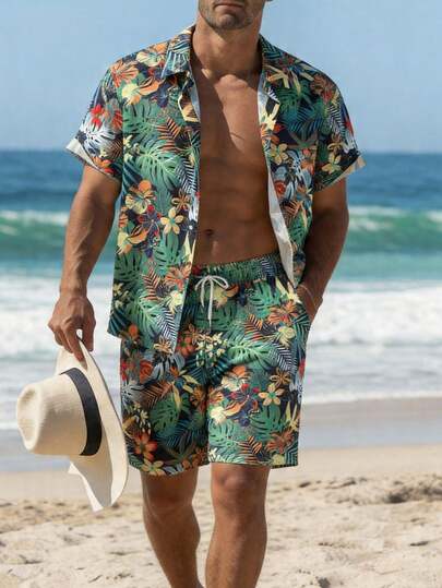 Men's Turndown Collar Digital Print Pattern Design Short Sleeve Shirt And Drawstring Shorts 2-Piece Set, Fashionable Daily Basic Commuting Outgoing Travel Outfit, Suitable For Daily Commute, Vacation, Outdoor Sports And Leisure Activities