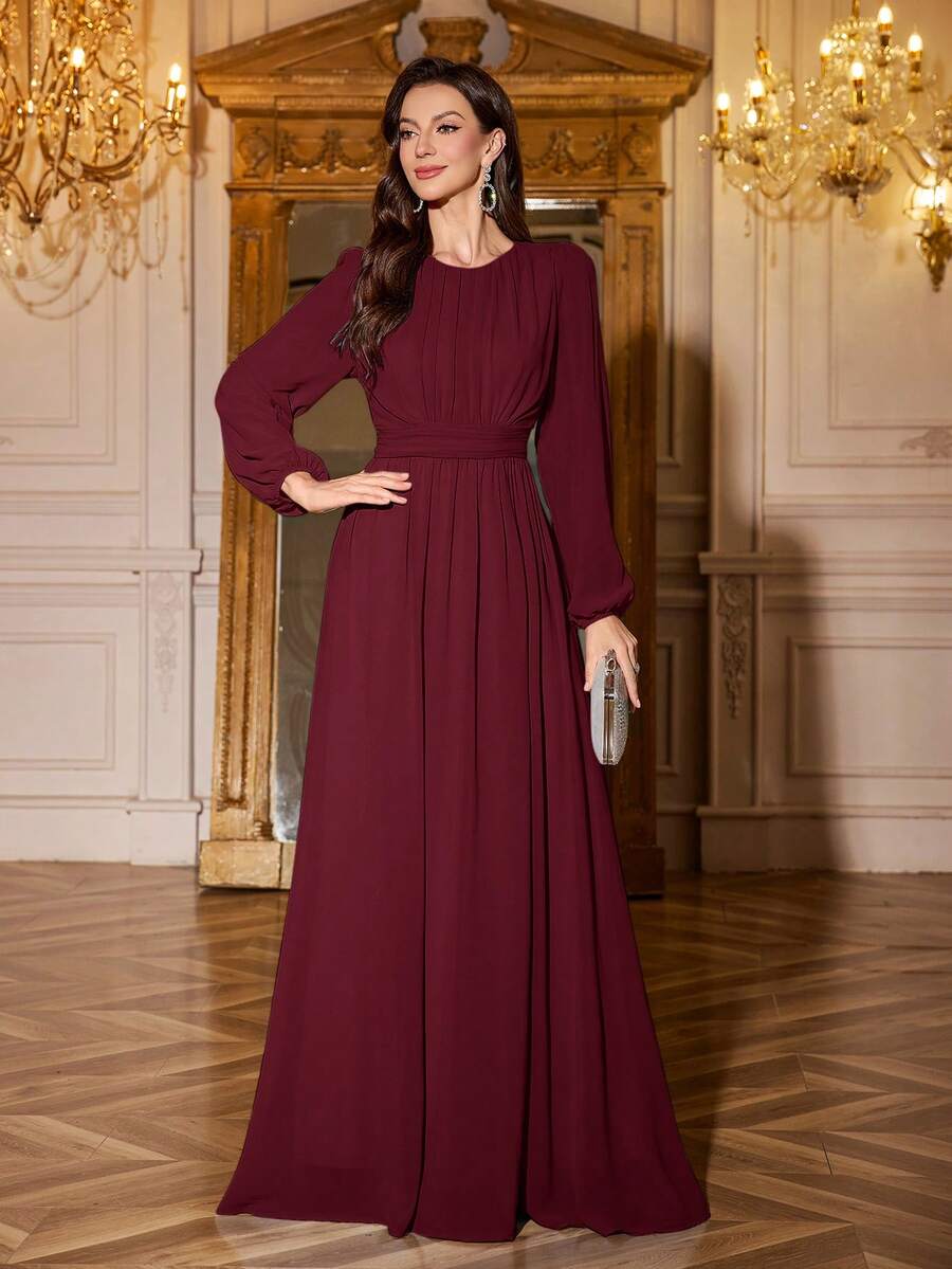 Volly Toych Đầm chiffon màu đỏ tía thanh lịch, cổ tròn, tay dài, dáng maxi sang trọng với tay áo phồng và chi tiết xếp ly, thích hợp cho phù dâu và các sự kiện trang trọng, tay áo không có lớp lót.