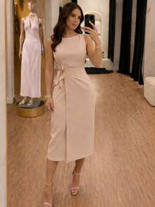 Women's Dress With Side Tie Tailoring, Tank Top Midi With Elegant PMG - Màu Khỏa thân - Xem 1