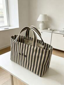 Casual Minimalist Letter Canvas Tote Bag, Striped Pattern Handbag, High Cost-Effective For Outdoor Shopping, Fashion Versatile Suitable For Moms, Students, Office Workers - Grey - View 4