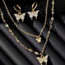 Bộ trang sức gồm dây chuyền và bông tai mặt hình bướm đính đá Cubic Zirconia, trang sức thời trang. - Vàng - Xem 6