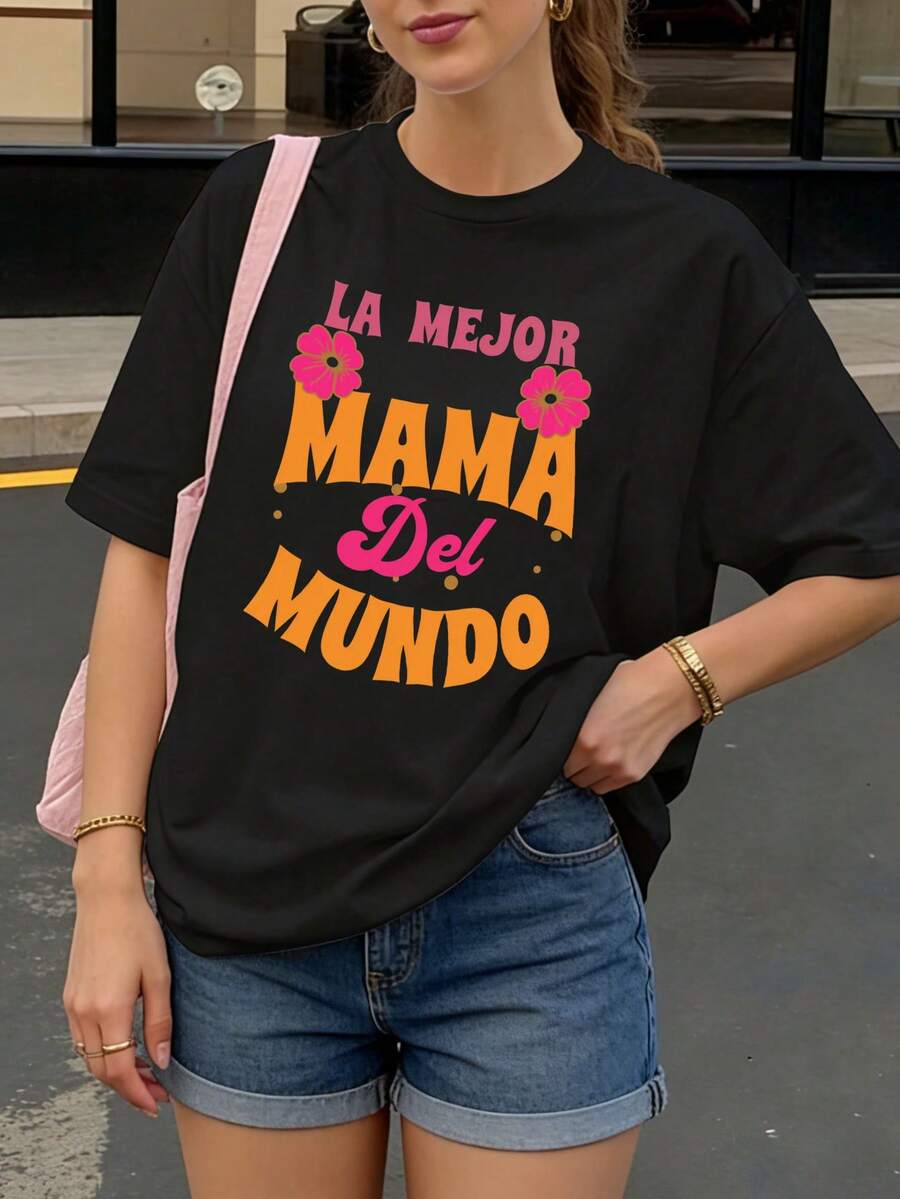 Camiseta Negra La Mejor Mama Del Mundo con Flores para Mujer Casual - Negro - Ver 1