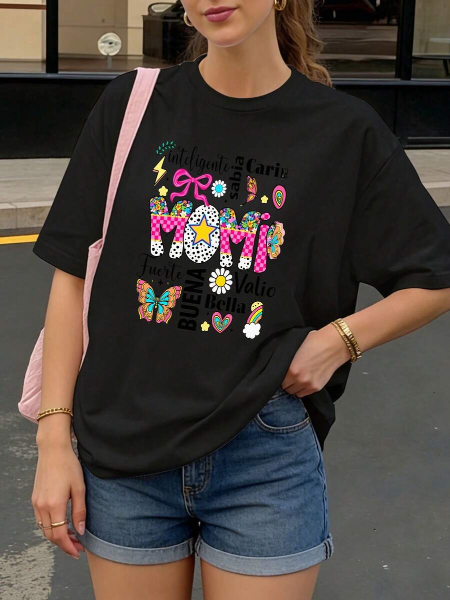Camiseta Negra con Estampado de Moni y Palabras Coloridas para Mujer Casual - Negro - Ver 1
