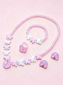 Set de 5 piezas de joyería con flores y mariposas para niñas, incluye collar, pulsera, anillo y aretes, adecuado para fiestas, regalos de cumpleaños y uso diario - Multicolor - Ver 4