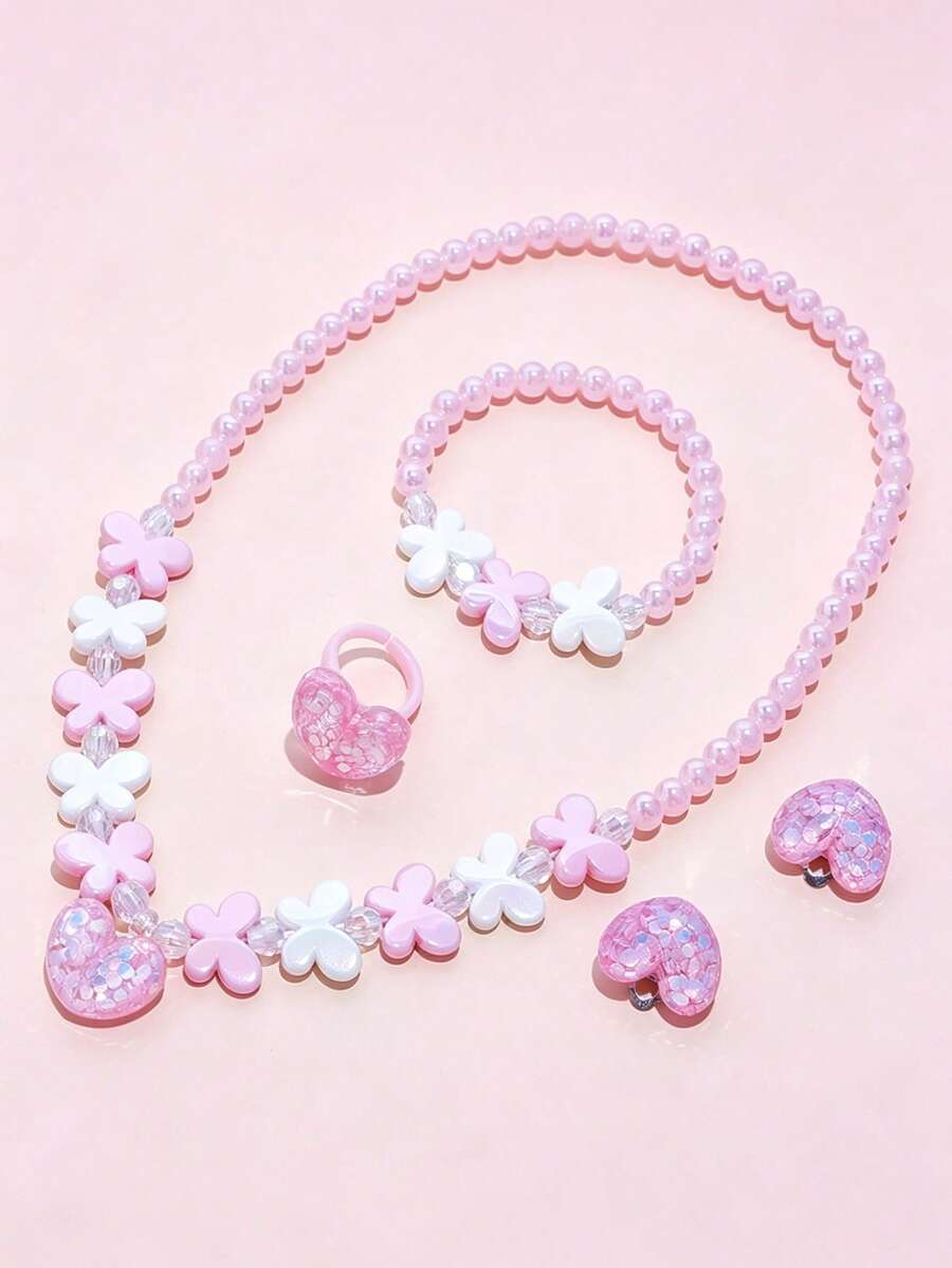 5pcs/Set Girls Cute Flower Pendant Necklace, Butterfly Beaded Bracelet, Ring, Ear Clips Children Jewelry Set, Daily Wear Accessories - Multicolor - View 1