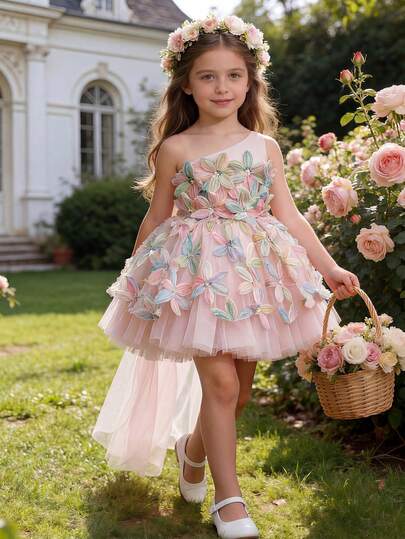 Girls' Cute Big Bow Sequin Flower Applique Detachable Trailing Princess Dress, For Birthday Party, Wedding, Flower Girl, Gathering, Evening Gala, Stage Performance