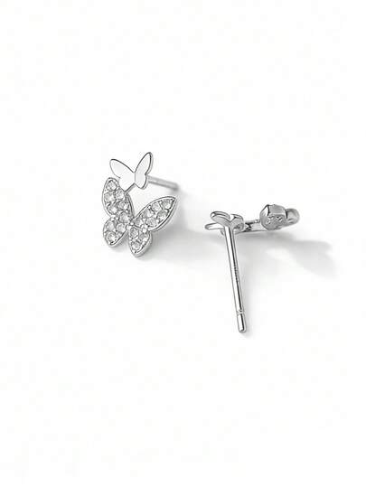 Bông tai hình bướm hai lớp bằng bạc S925, đính đá Zirconia, kim cương giả, kiểu dáng tinh tế, không gây dị ứng, phù hợp với tai xỏ lỗ, món quà ngọt ngào dành cho phụ nữ năng động.