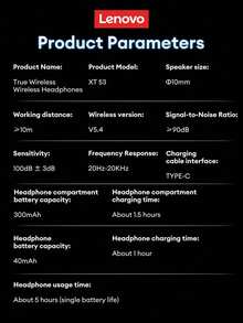 Lenovo XT53 Bluetooth Earphones, Half In-Ear, Esports Gaming Mode, Low Latency, Waterproof, Sports/Running, High-Quality Audio, Microphone, LED Display Battery Level, Long Lasting, Wireless Earbuds Compatible With Smartphones, Tablets, Laptops - View 10