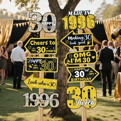 10pcs Black & Gold 30th Birthday Decorations, 30 Years Old Birthday Photo Booth Props, 1996 Year Decor For 30th Birthday Party Home, Living Room, Outdoor