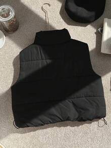 Chaleco corto de algodón grueso para mujer, estilo casual y deportivo para uso diario, con cremallera frontal, de color liso, ideal para usar en capas durante el otoño y el invierno. - Negro - Ver 2
