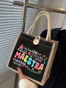Multicolor Maestra Letter And Pencil Apple Pattern Print Tote Bag ,Reusable Tote - Multicolor - View 4