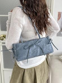 1pc Vintage Large Capacity Tote Bag, Commuter Oversized Underarm Bag, Fashion Motorcycle Handbag, PU Denim Texture, Strap Decor, Zipper Closure, Women's Shoulder Bag For Work/School/Travel/Shopping/Business, Suitable For Daily Use - Sky Blue - View 3