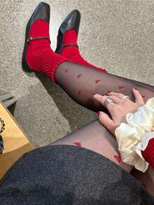 1双女士红色爱心图案缎面性感丝袜，超薄、高弹、透气，时尚百搭的透明丝袜，适合约会和派对穿着 - 彩色 - 查看 5